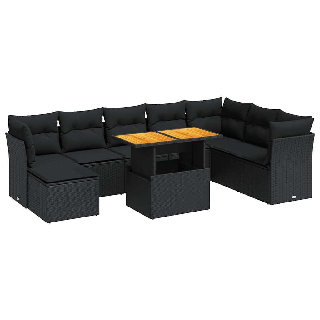 vidaXL 9-tlg. Garten-Sofagarnitur mit Kissen Schwarz Poly Rattan