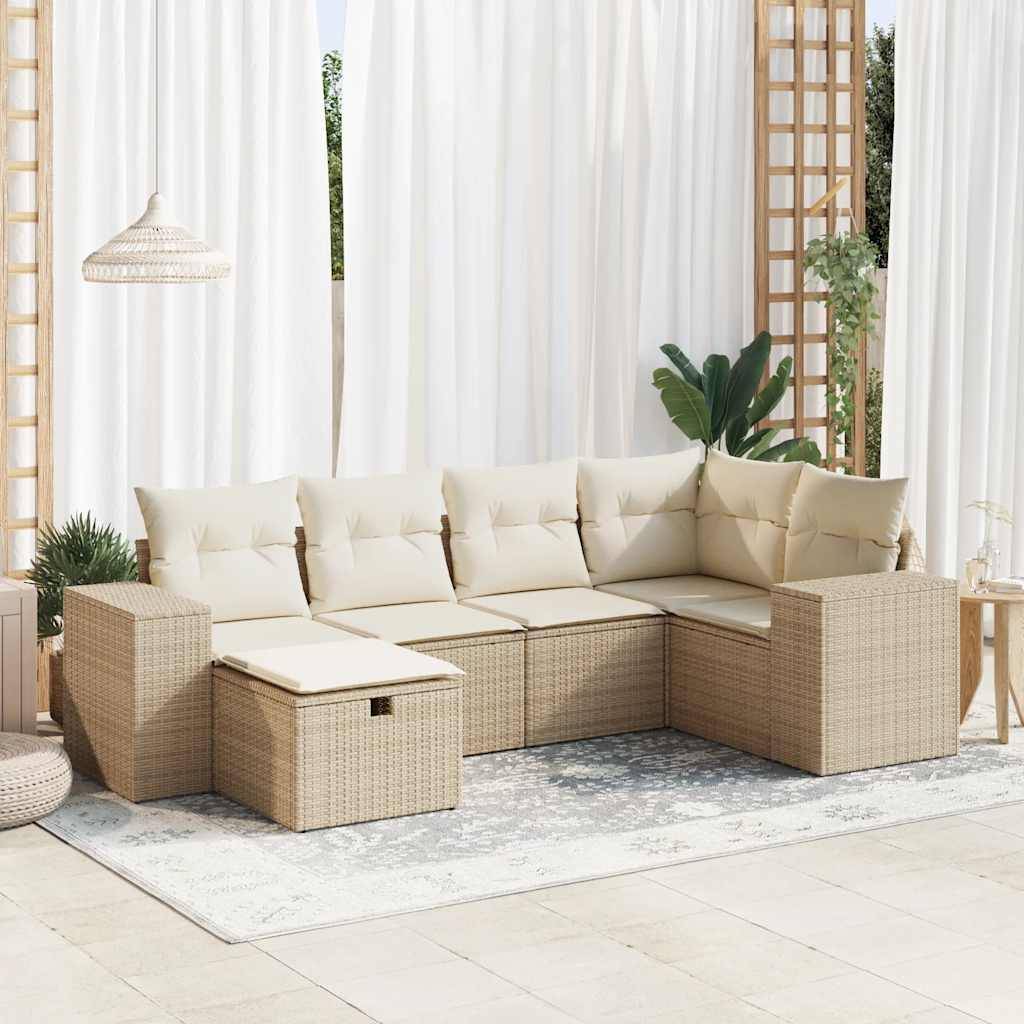 vidaXL 6-tlg. Garten-Sofagarnitur mit Kissen Beige Poly Rattan