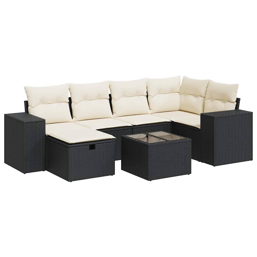 vidaXL 7-tlg. Garten-Sofagarnitur mit Kissen Schwarz Poly Rattan