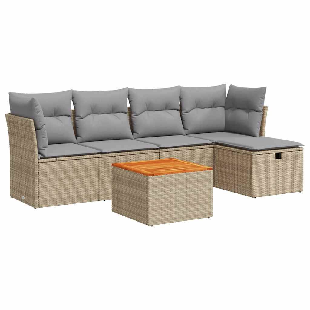 vidaXL 6-tlg. Garten-Sofagarnitur mit Kissen Beige Poly Rattan