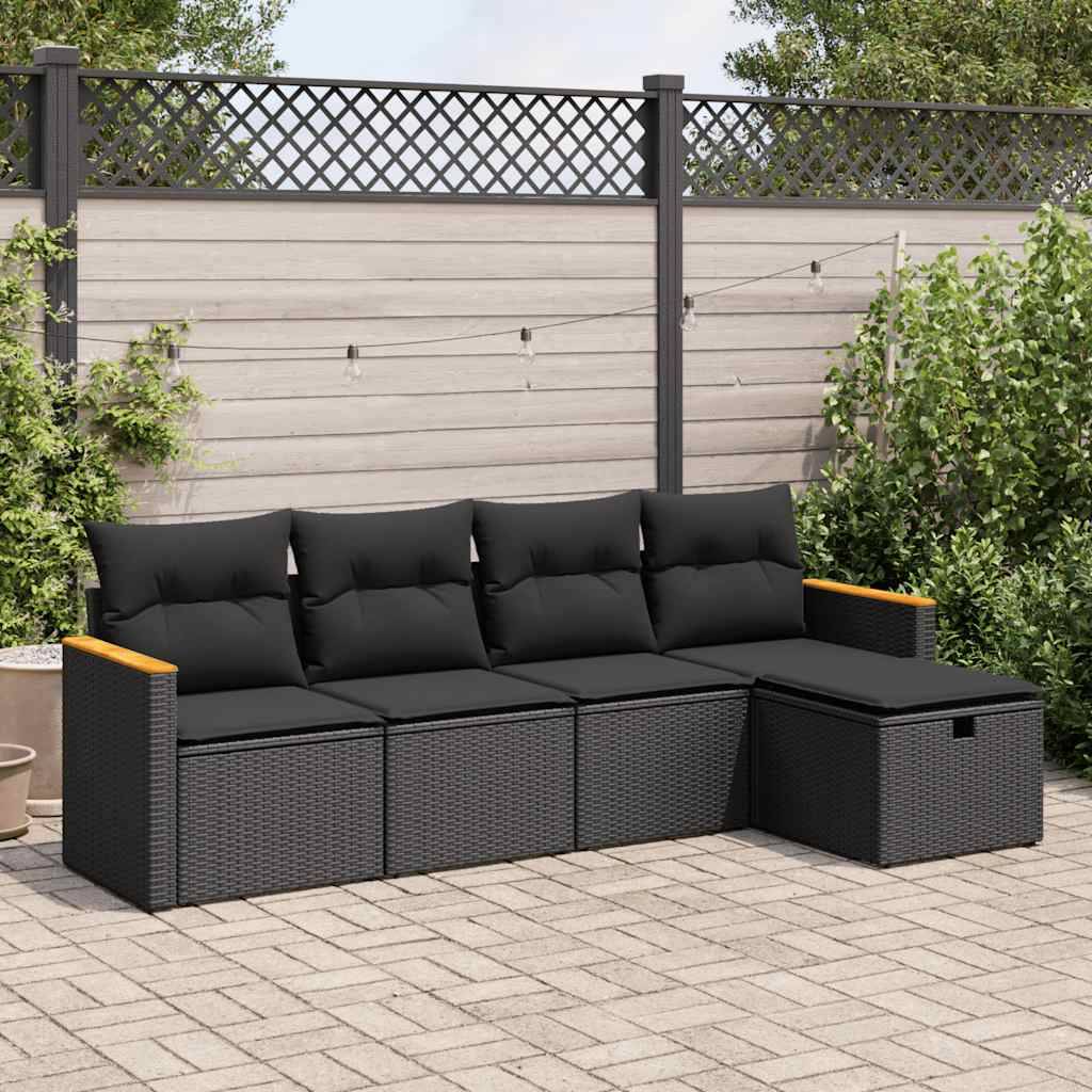 vidaXL 5-tlg. Garten-Sofagarnitur mit Kissen Schwarz Poly Rattan