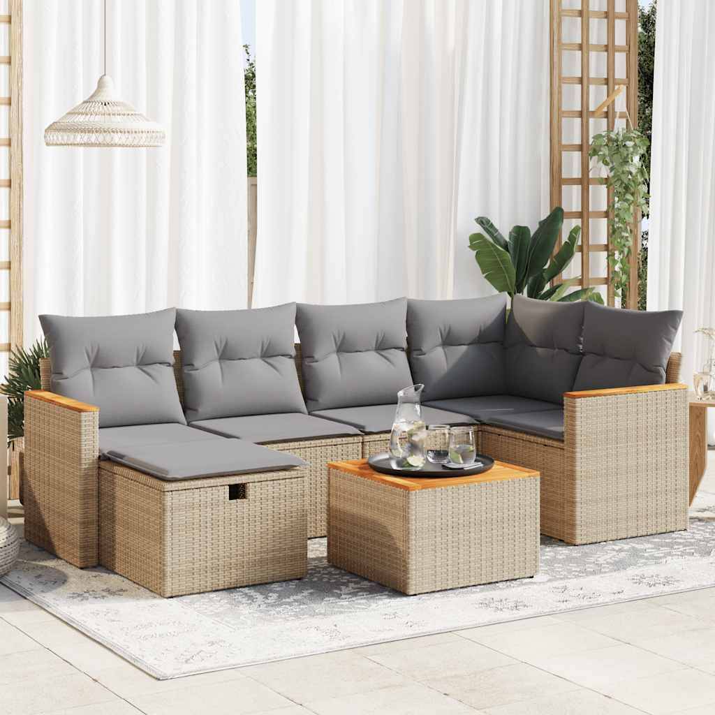 vidaXL 7-tlg. Garten-Sofagarnitur mit Kissen Beige Poly Rattan