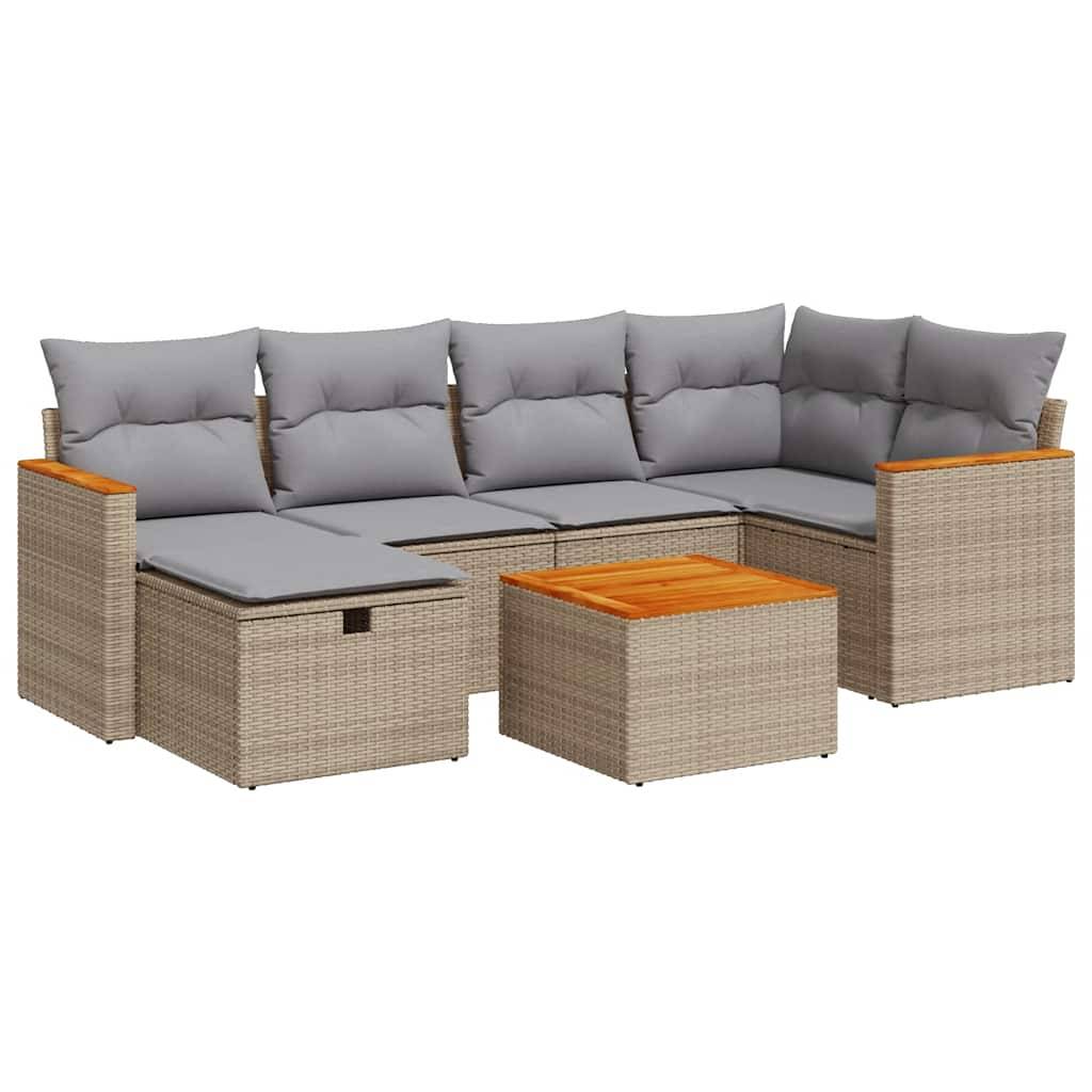 vidaXL 7-tlg. Garten-Sofagarnitur mit Kissen Beige Poly Rattan