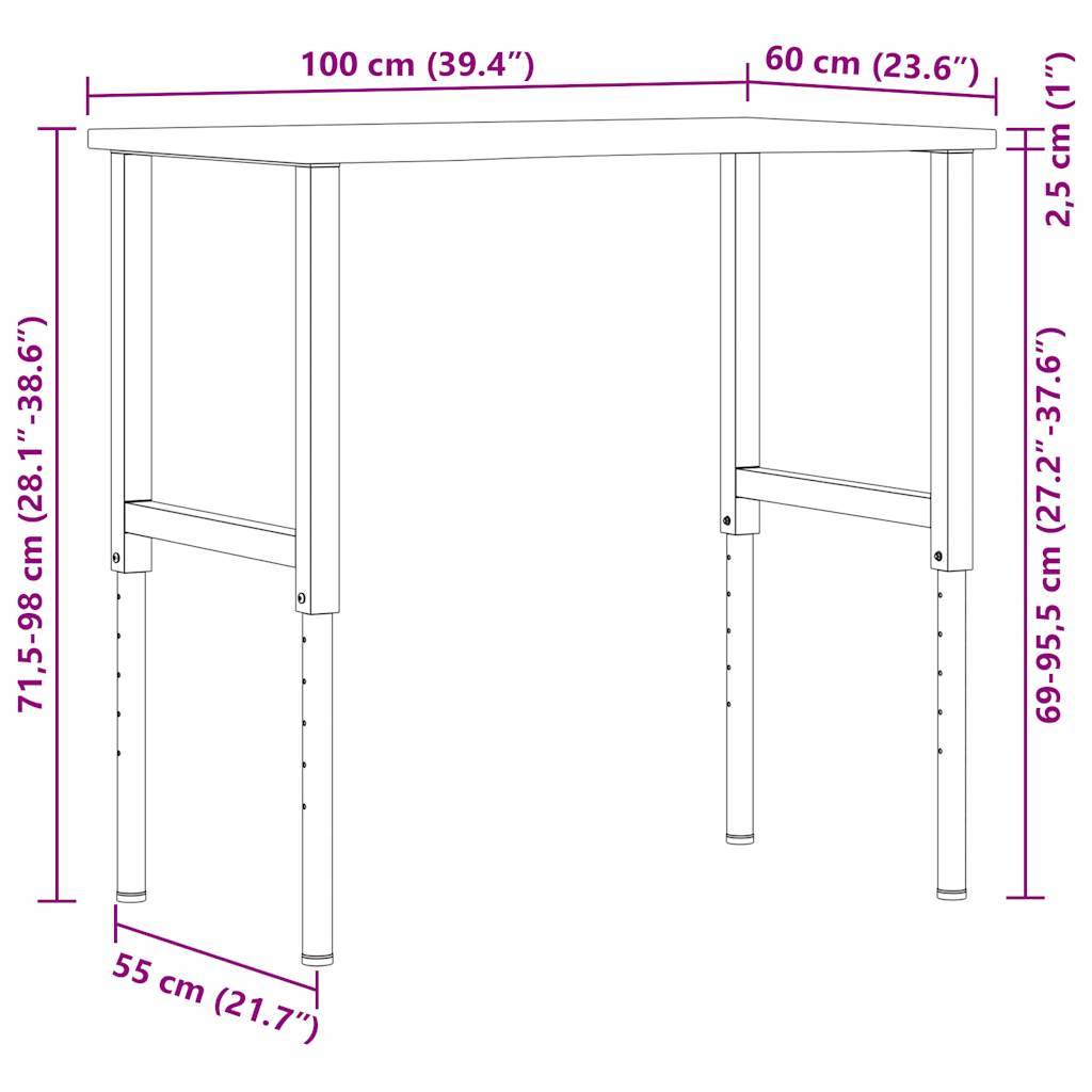 vidaXL Werkbank 100x60x(71,5-98) cm Massivholz Eiche