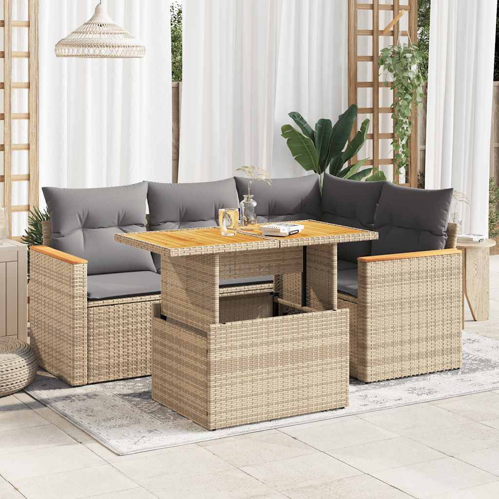 vidaXL 5-tlg. Garten-Sofagarnitur mit Kissen Beige Poly Rattan Akazie