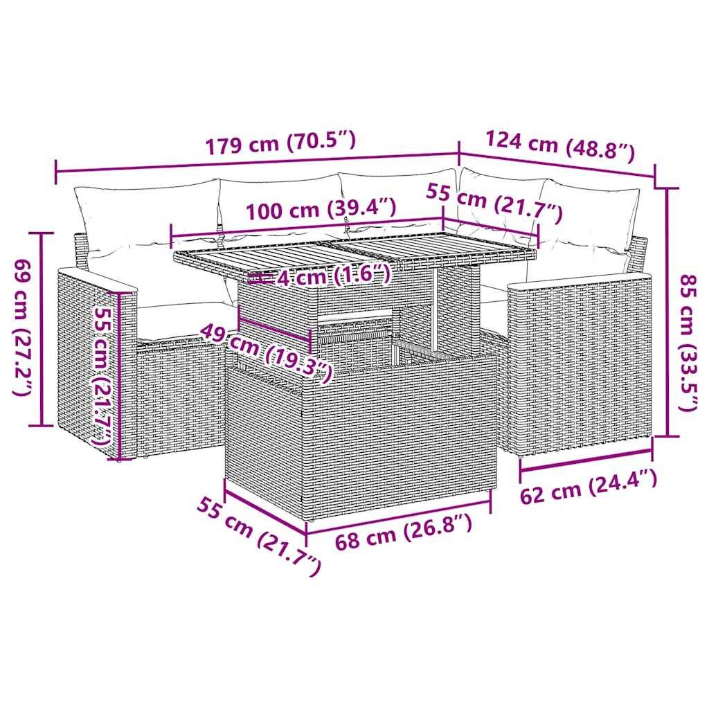 vidaXL 5-tlg. Garten-Sofagarnitur mit Kissen Beige Poly Rattan Akazie