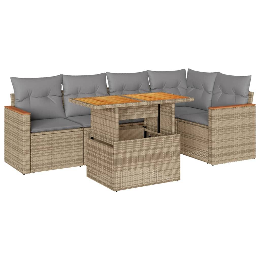 vidaXL 6-tlg. Garten-Sofagarnitur mit Kissen Beige Poly Rattan Akazie