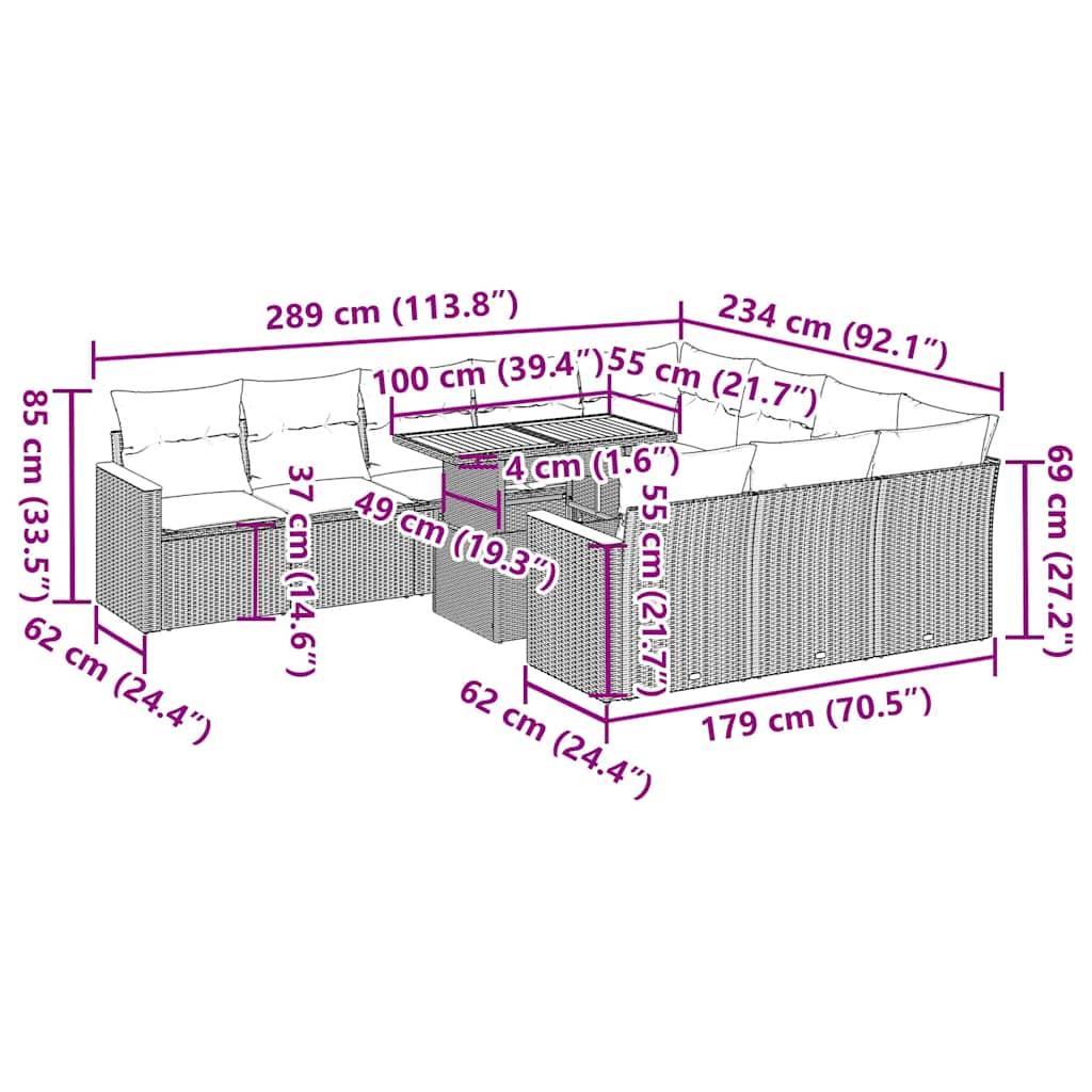 vidaXL 11-tlg. Garten-Sofagarnitur mit Kissen Grau Poly Rattan Akazie