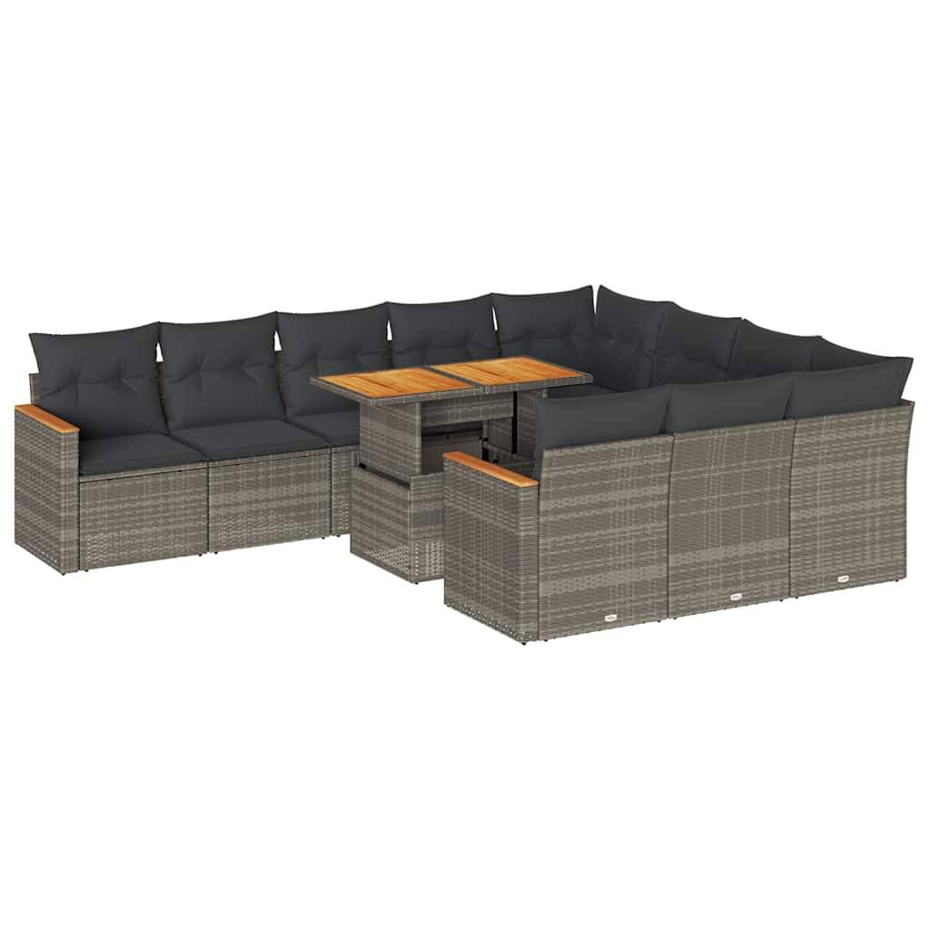 vidaXL 11-tlg. Garten-Sofagarnitur mit Kissen Grau Poly Rattan Akazie