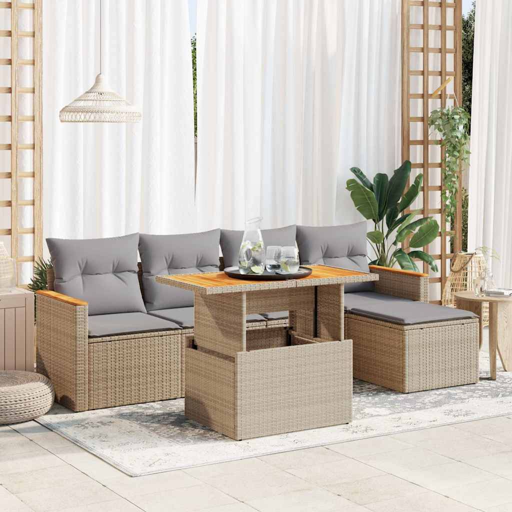 vidaXL 6-tlg. Garten-Sofagarnitur mit Kissen Beige Poly Rattan Akazie