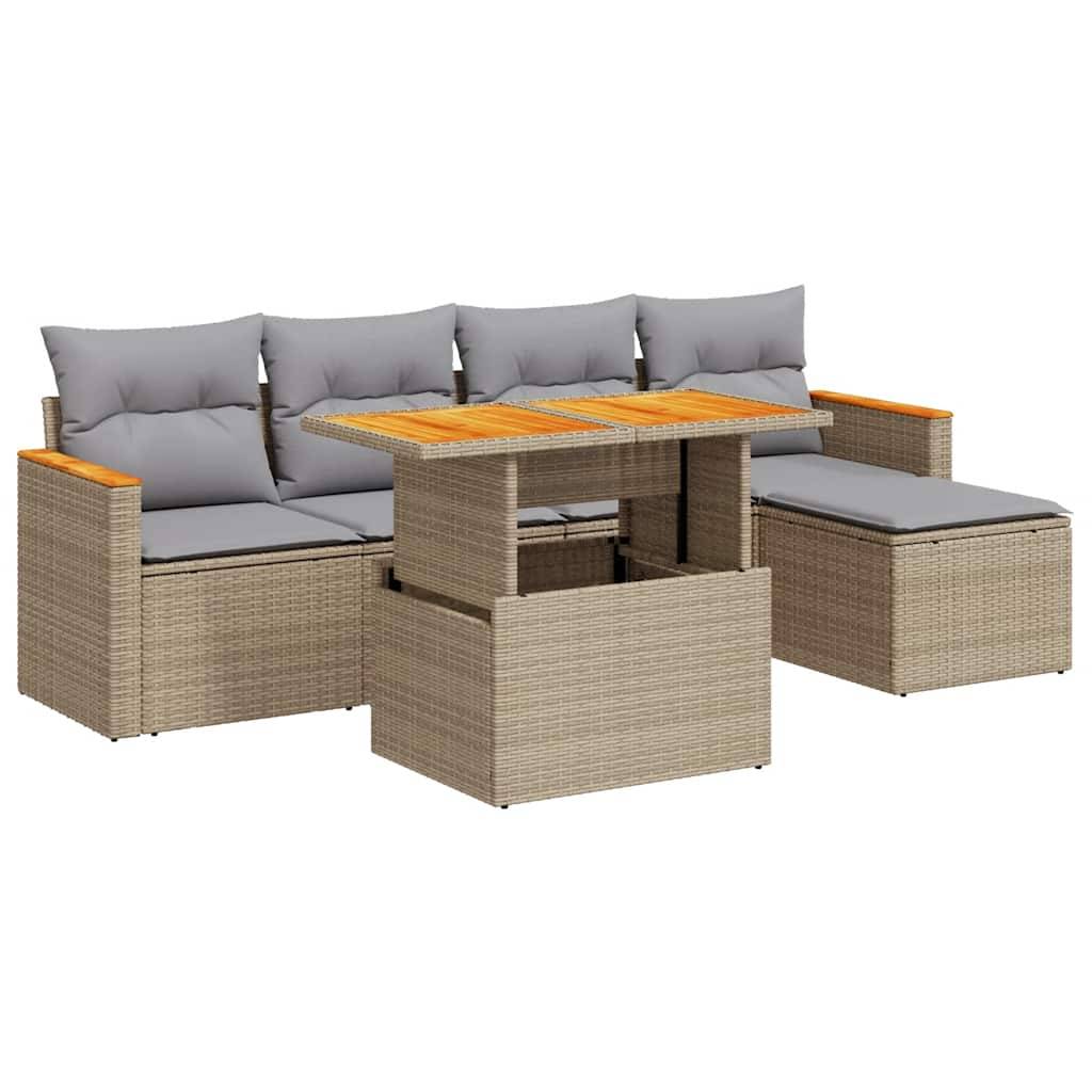 vidaXL 6-tlg. Garten-Sofagarnitur mit Kissen Beige Poly Rattan Akazie