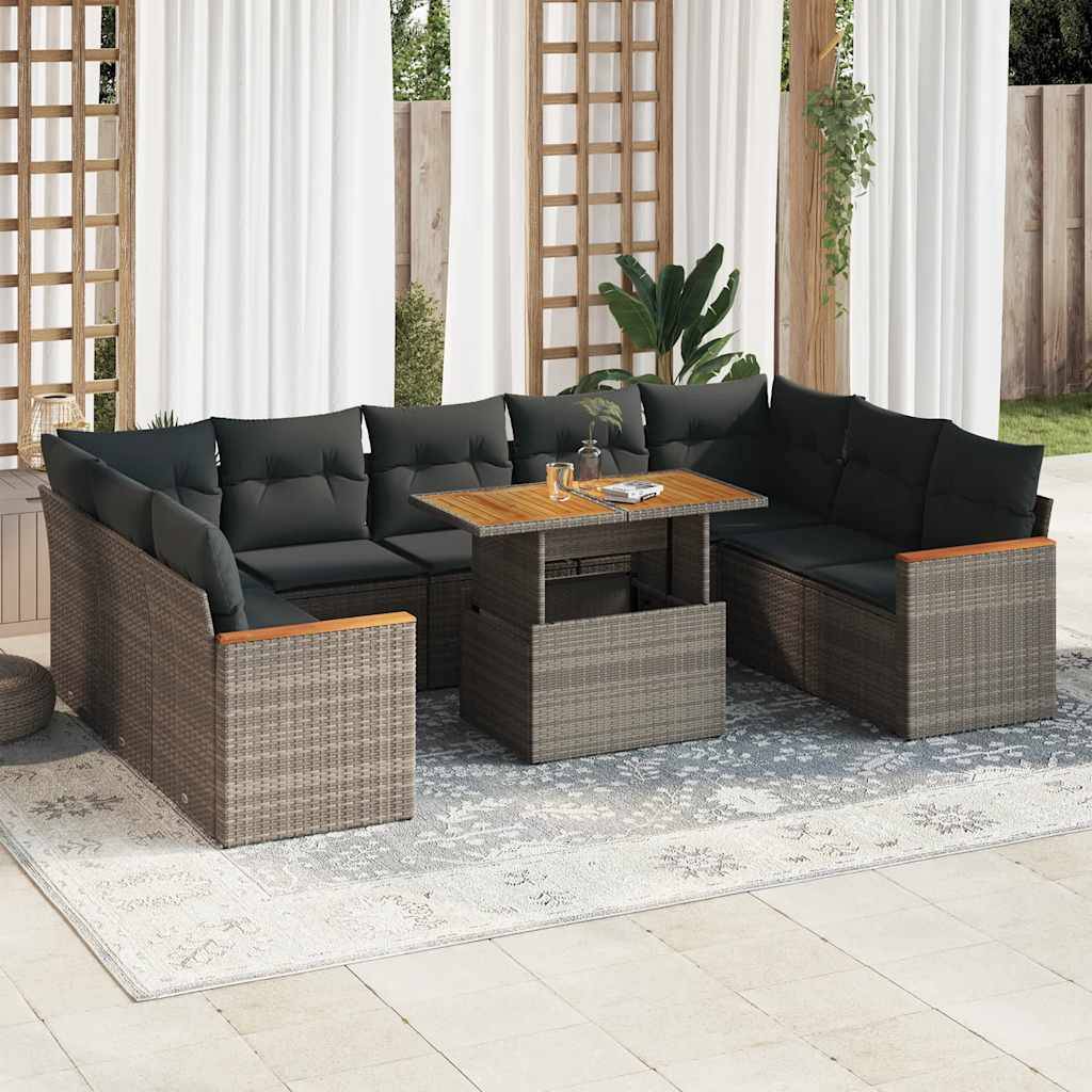 vidaXL 10-tlg. Garten-Sofagarnitur mit Kissen Grau Poly Rattan Akazie