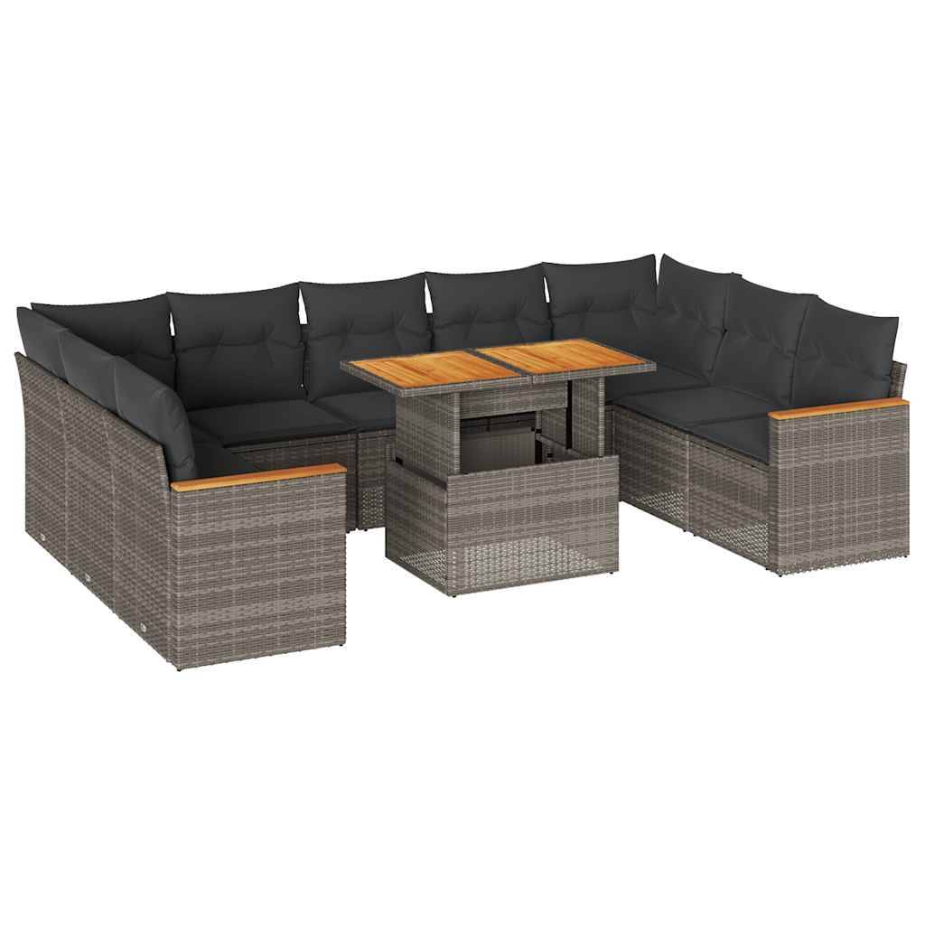 vidaXL 10-tlg. Garten-Sofagarnitur mit Kissen Grau Poly Rattan Akazie