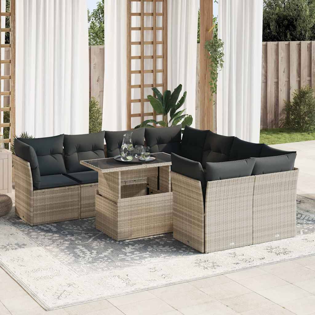 vidaXL 9-tlg. Garten-Sofagarnitur mit Kissen Hellgrau Poly Rattan