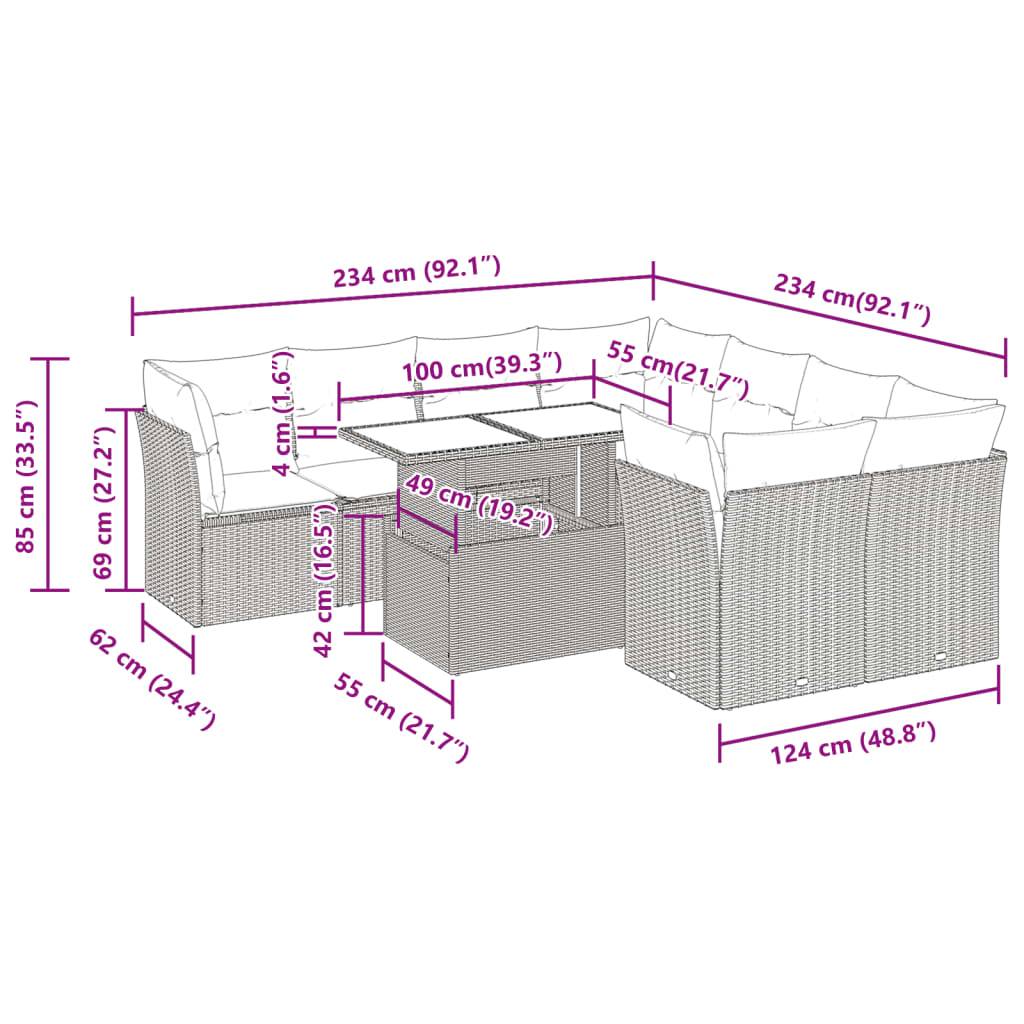 vidaXL 9-tlg. Garten-Sofagarnitur mit Kissen Hellgrau Poly Rattan