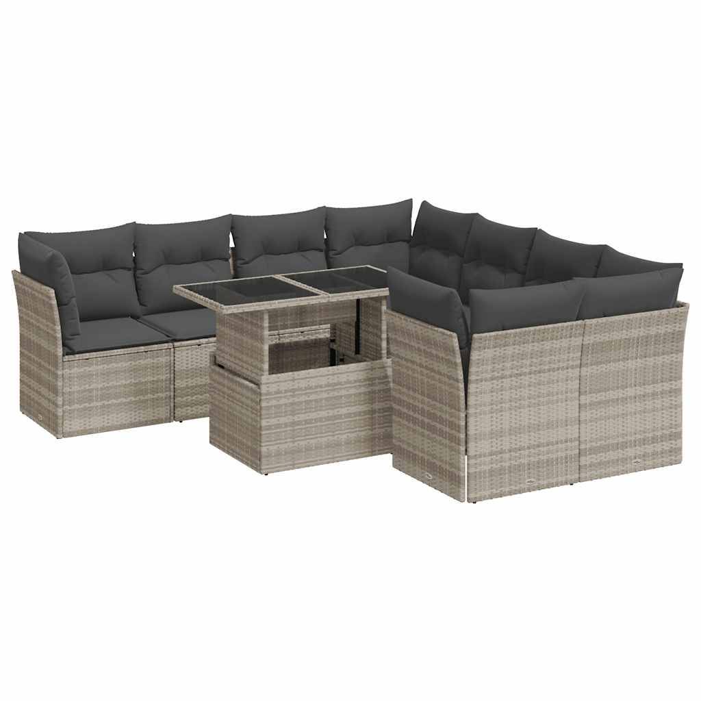 vidaXL 9-tlg. Garten-Sofagarnitur mit Kissen Hellgrau Poly Rattan