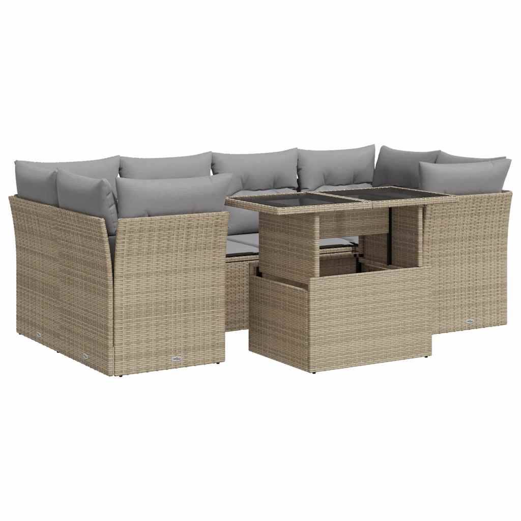 vidaXL 7-tlg. Garten-Sofagarnitur mit Kissen Beige Poly Rattan