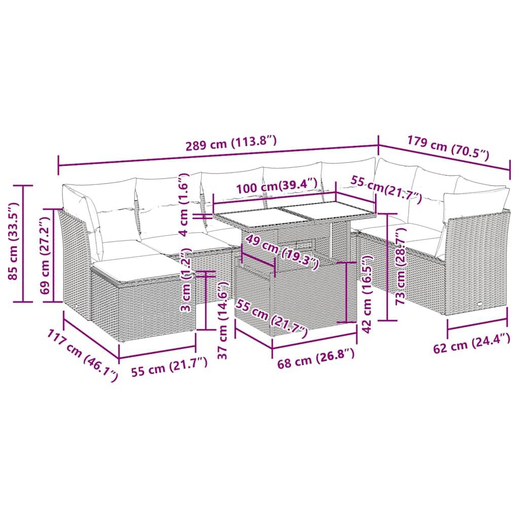 vidaXL 9-tlg. Garten-Sofagarnitur mit Kissen Hellgrau Poly Rattan