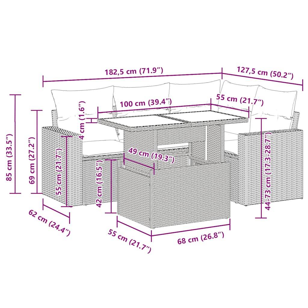 vidaXL 5-tlg. Garten-Sofagarnitur mit Kissen Schwarz Poly Rattan
