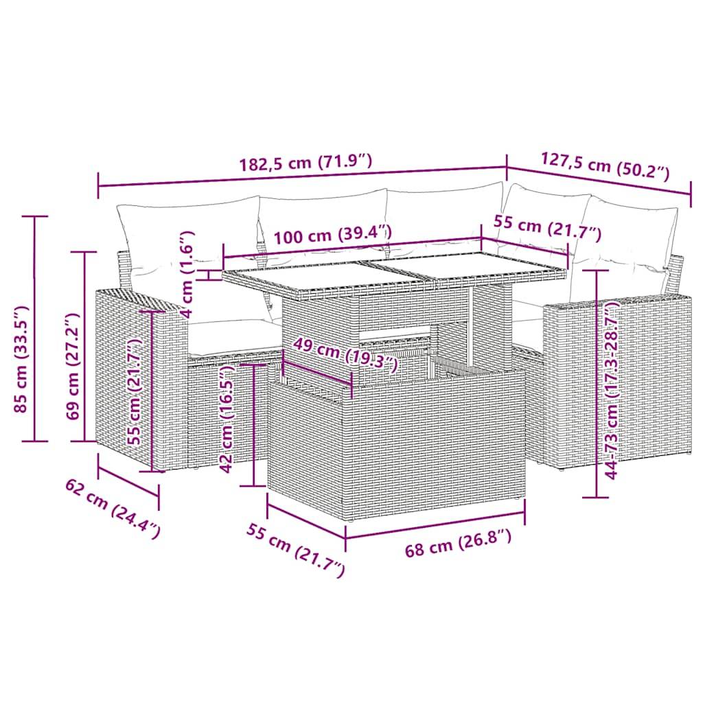 vidaXL 5-tlg. Garten-Sofagarnitur mit Kissen Braun Poly Rattan