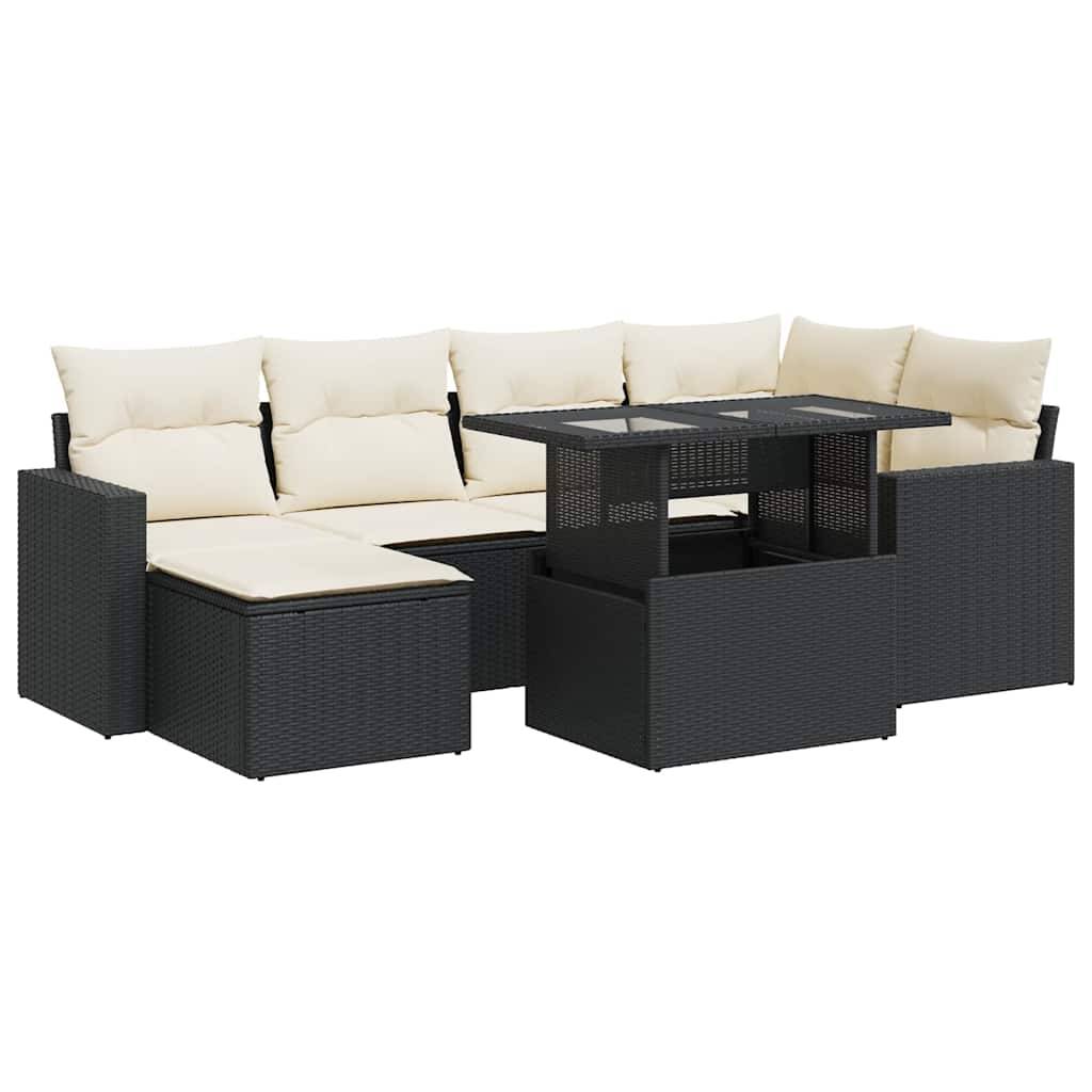 vidaXL 7-tlg. Garten-Sofagarnitur mit Kissen Schwarz Poly Rattan