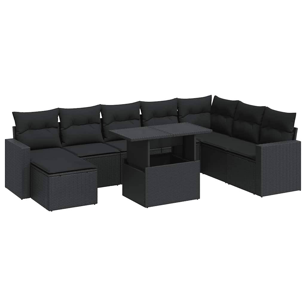 vidaXL 9-tlg. Garten-Sofagarnitur mit Kissen Schwarz Poly Rattan