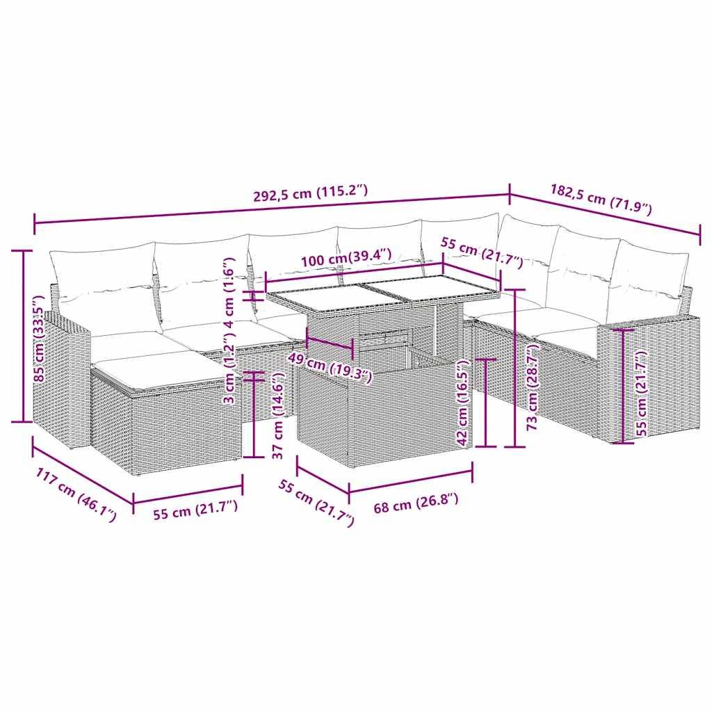 vidaXL 9-tlg. Garten-Sofagarnitur mit Kissen Schwarz Poly Rattan