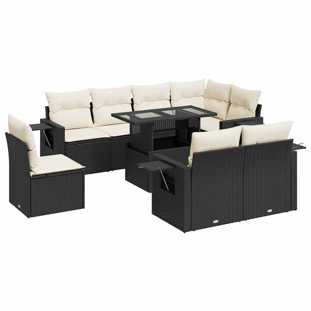 vidaXL 9-tlg. Garten-Sofagarnitur mit Kissen Schwarz Poly Rattan