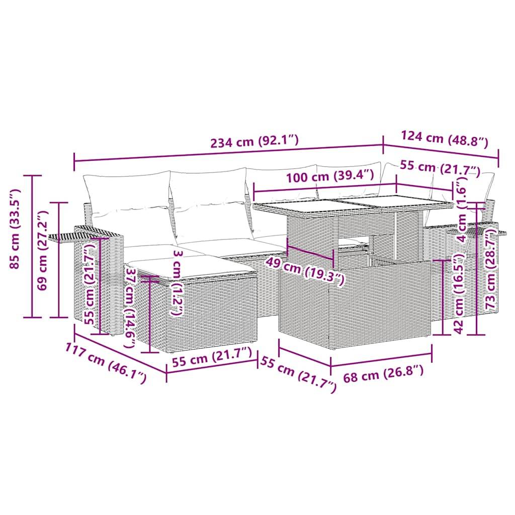 vidaXL 7-tlg. Garten-Sofagarnitur mit Kissen Schwarz Poly Rattan