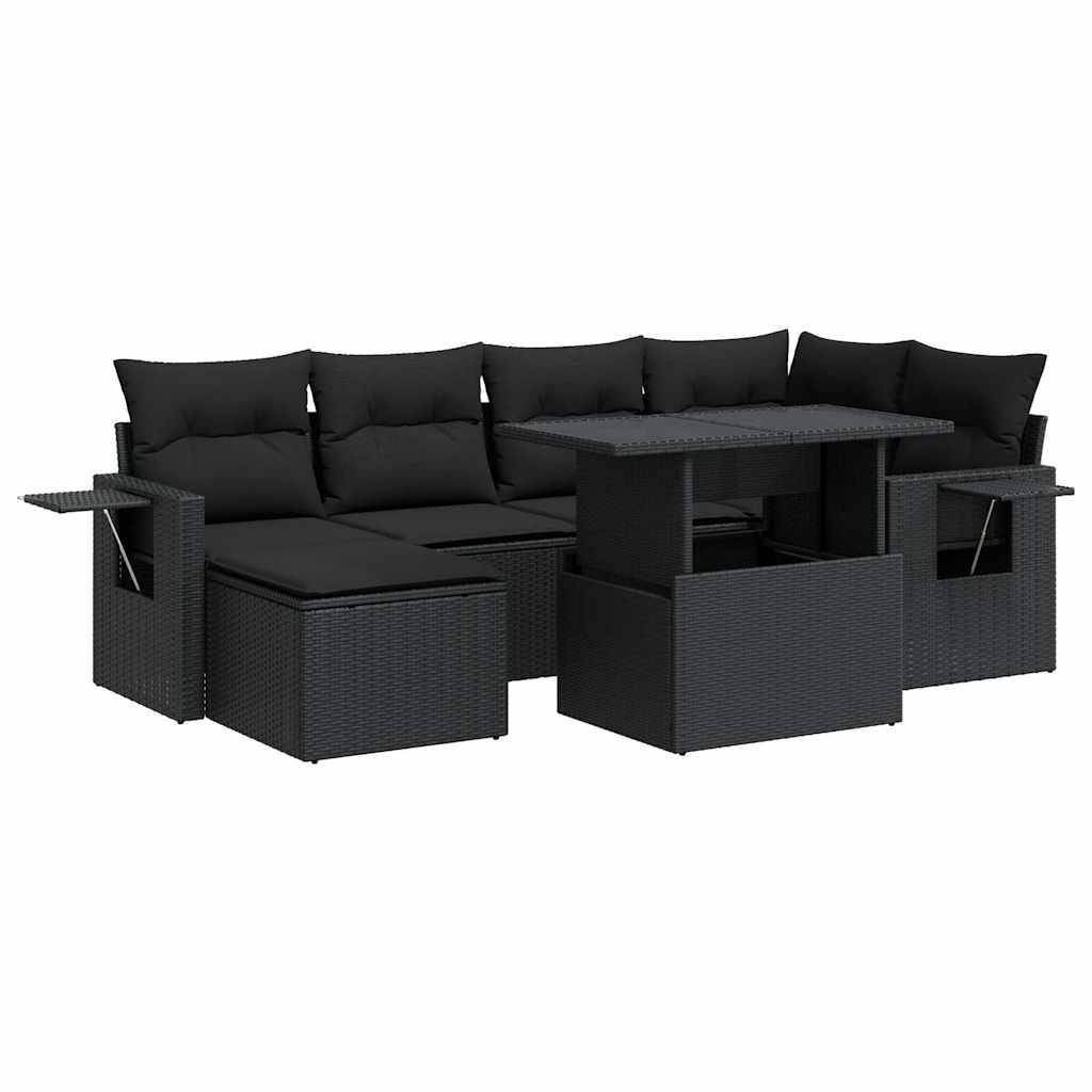 vidaXL 7-tlg. Garten-Sofagarnitur mit Kissen Schwarz Poly Rattan