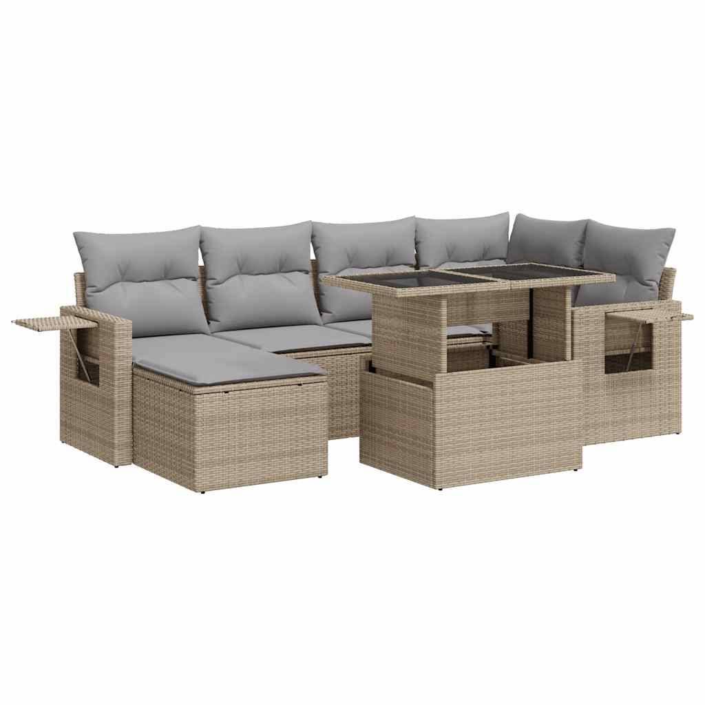 vidaXL 7-tlg. Garten-Sofagarnitur mit Kissen Beige Poly Rattan