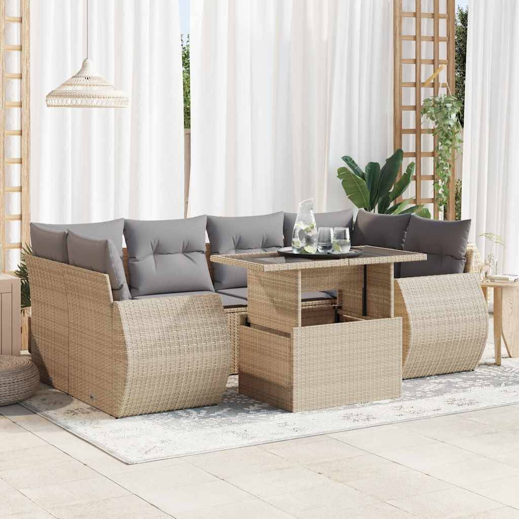 vidaXL 7-tlg. Garten-Sofagarnitur mit Kissen Beige Poly Rattan