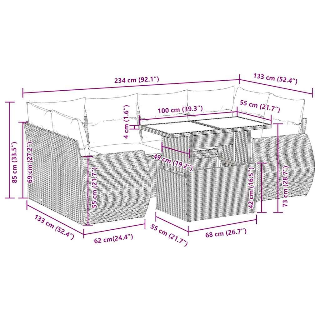 vidaXL 7-tlg. Garten-Sofagarnitur mit Kissen Beige Poly Rattan