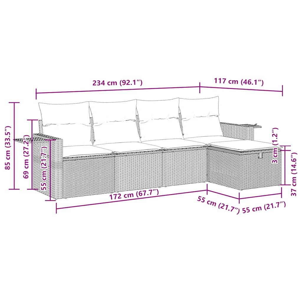 vidaXL 5-tlg. Garten-Sofagarnitur mit Kissen Schwarz Poly Rattan