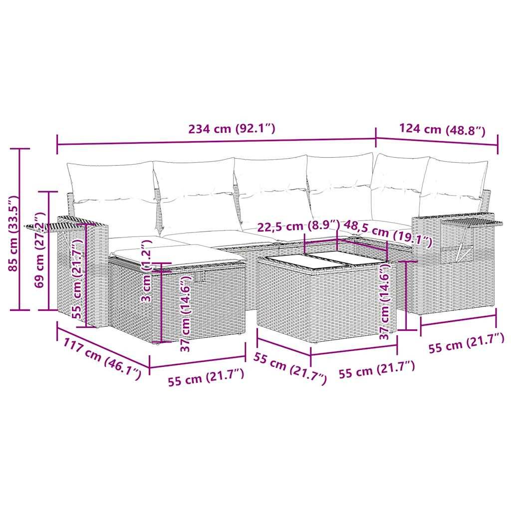 vidaXL 7-tlg. Garten-Sofagarnitur mit Kissen Schwarz Poly Rattan