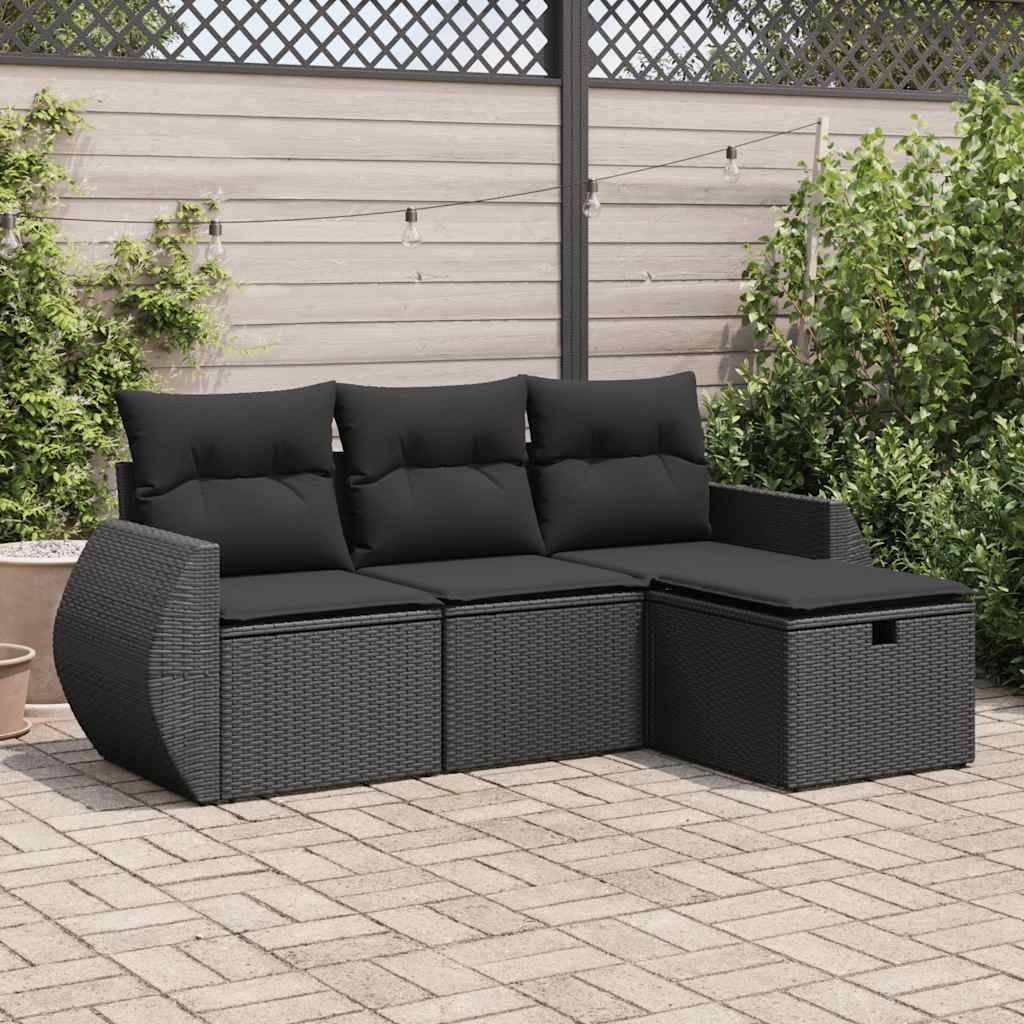 vidaXL 4-tlg. Garten-Sofagarnitur mit Kissen Schwarz Poly Rattan