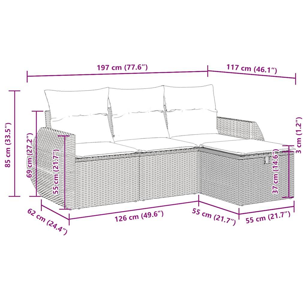 vidaXL 4-tlg. Garten-Sofagarnitur mit Kissen Schwarz Poly Rattan
