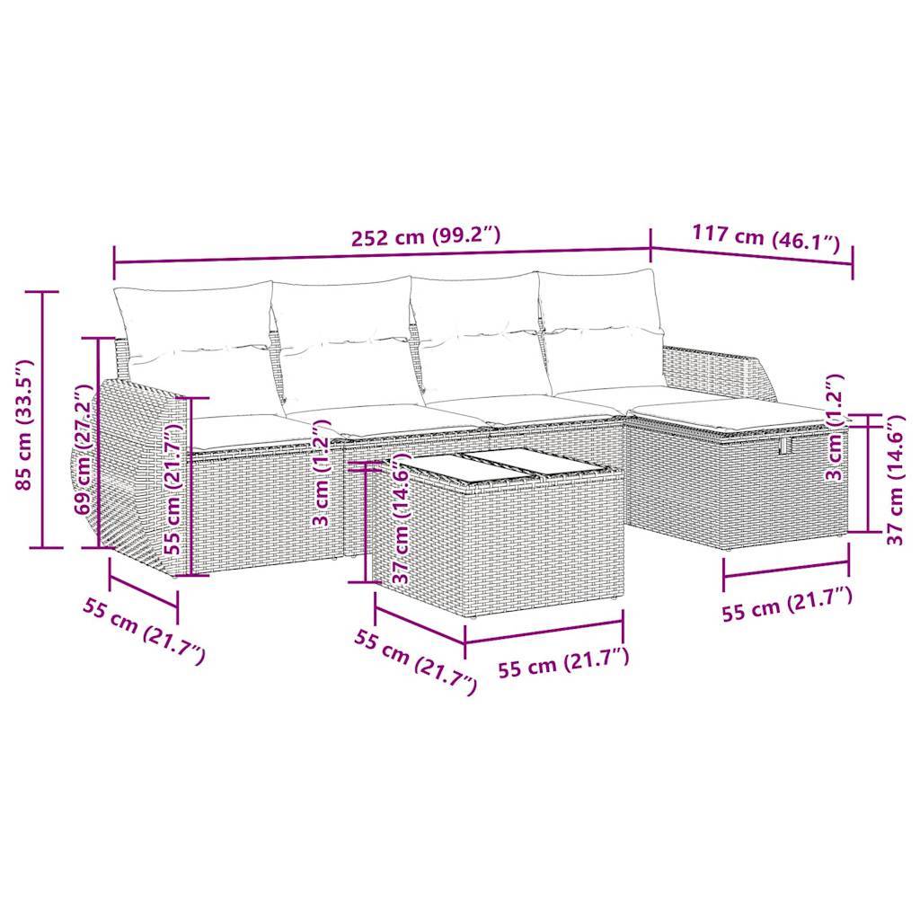 vidaXL 6-tlg. Garten-Sofagarnitur mit Kissen Schwarz Poly Rattan