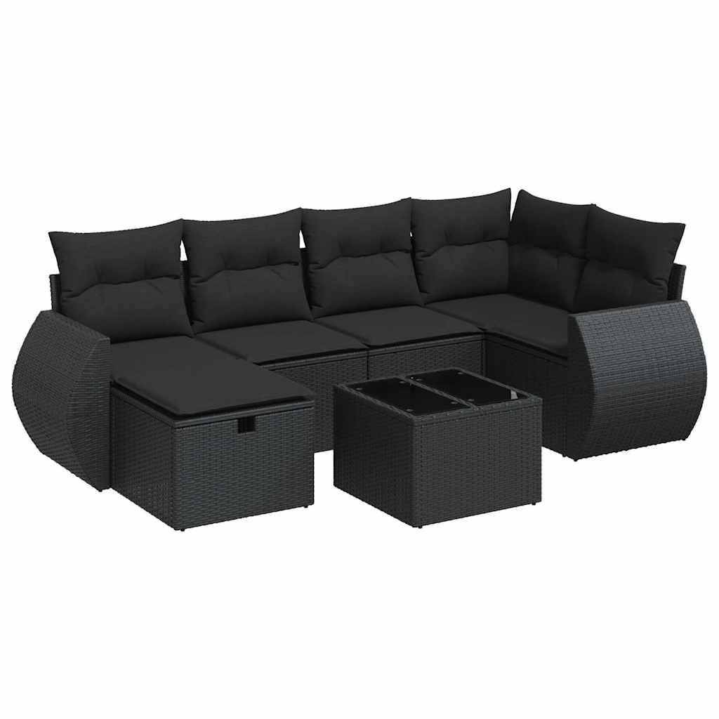 vidaXL 7-tlg. Garten-Sofagarnitur mit Kissen Schwarz Poly Rattan