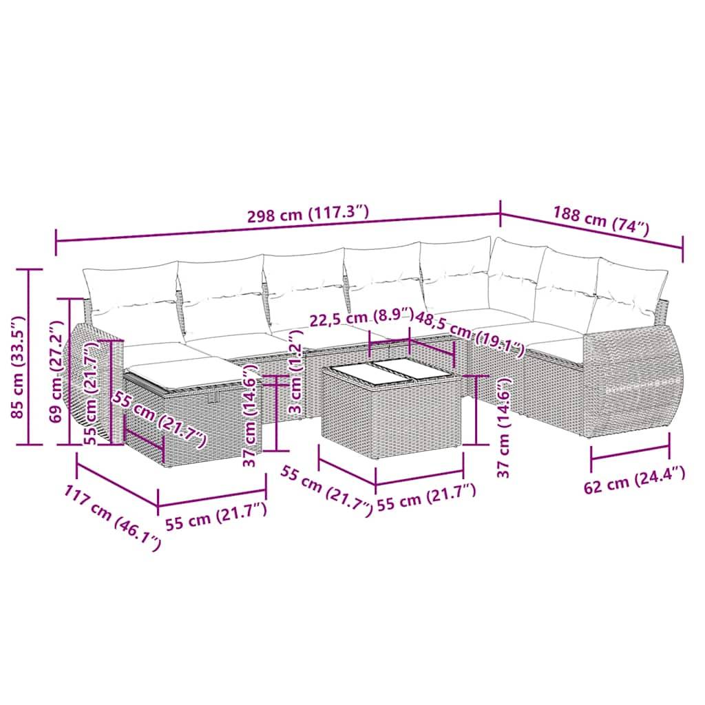vidaXL 9-tlg. Garten-Sofagarnitur mit Kissen Schwarz Poly Rattan