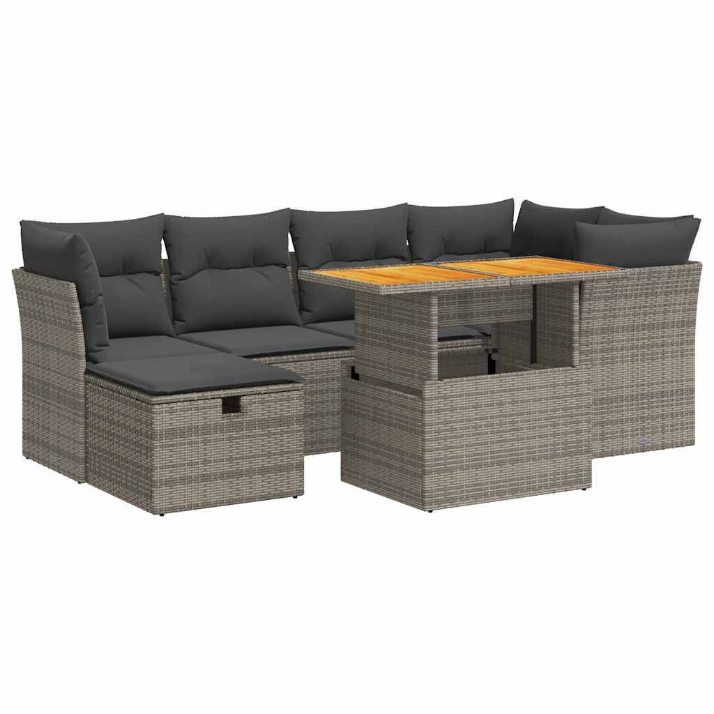 vidaXL 7-tlg. Garten-Sofagarnitur mit Kissen Grau Poly Rattan Akazie