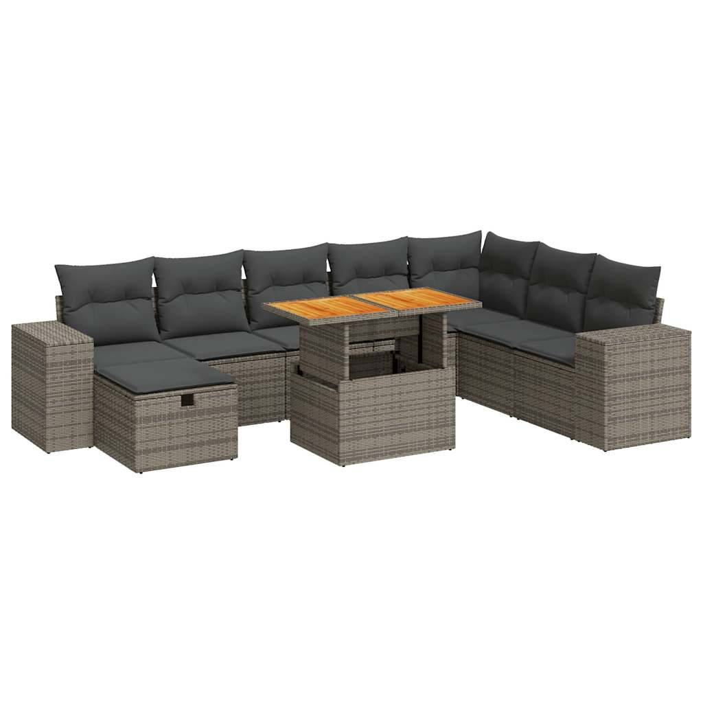 vidaXL 9-tlg. Garten-Sofagarnitur mit Kissen Grau Poly Rattan Akazie