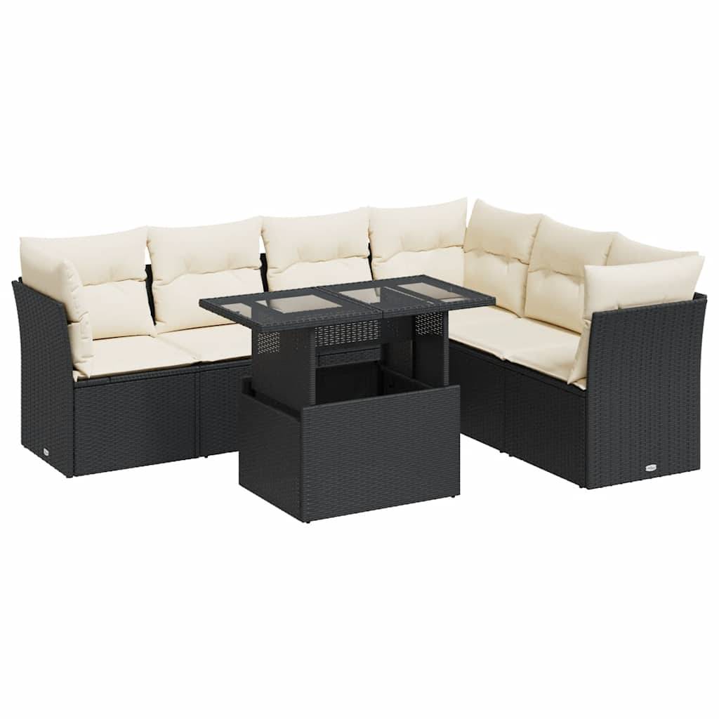 vidaXL 7-tlg. Garten-Sofagarnitur mit Kissen Schwarz Poly Rattan