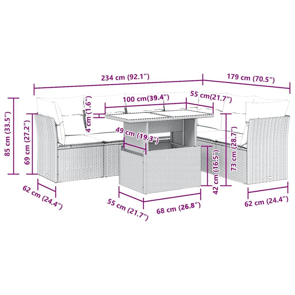 vidaXL 7-tlg. Garten-Sofagarnitur mit Kissen Grau Poly Rattan