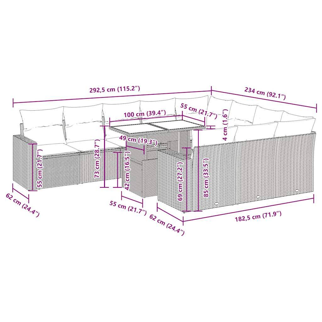 vidaXL 11-tlg. Garten-Sofagarnitur mit Kissen Beige Poly Rattan
