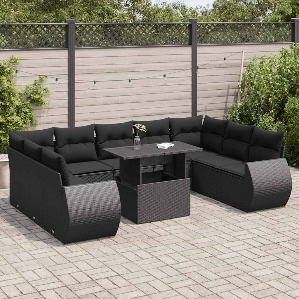 vidaXL 10-tlg. Garten-Sofagarnitur mit Kissen Schwarz Poly Rattan