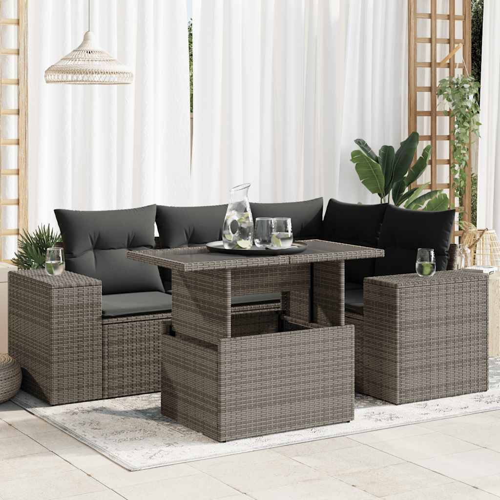 vidaXL 5-tlg. Garten-Sofagarnitur mit Kissen Grau Poly Rattan