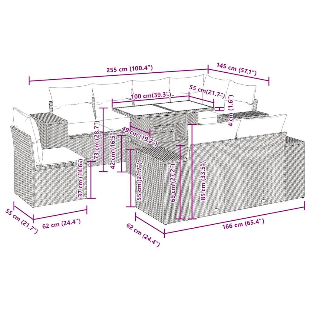 vidaXL 9-tlg. Garten-Sofagarnitur mit Kissen Schwarz Poly Rattan
