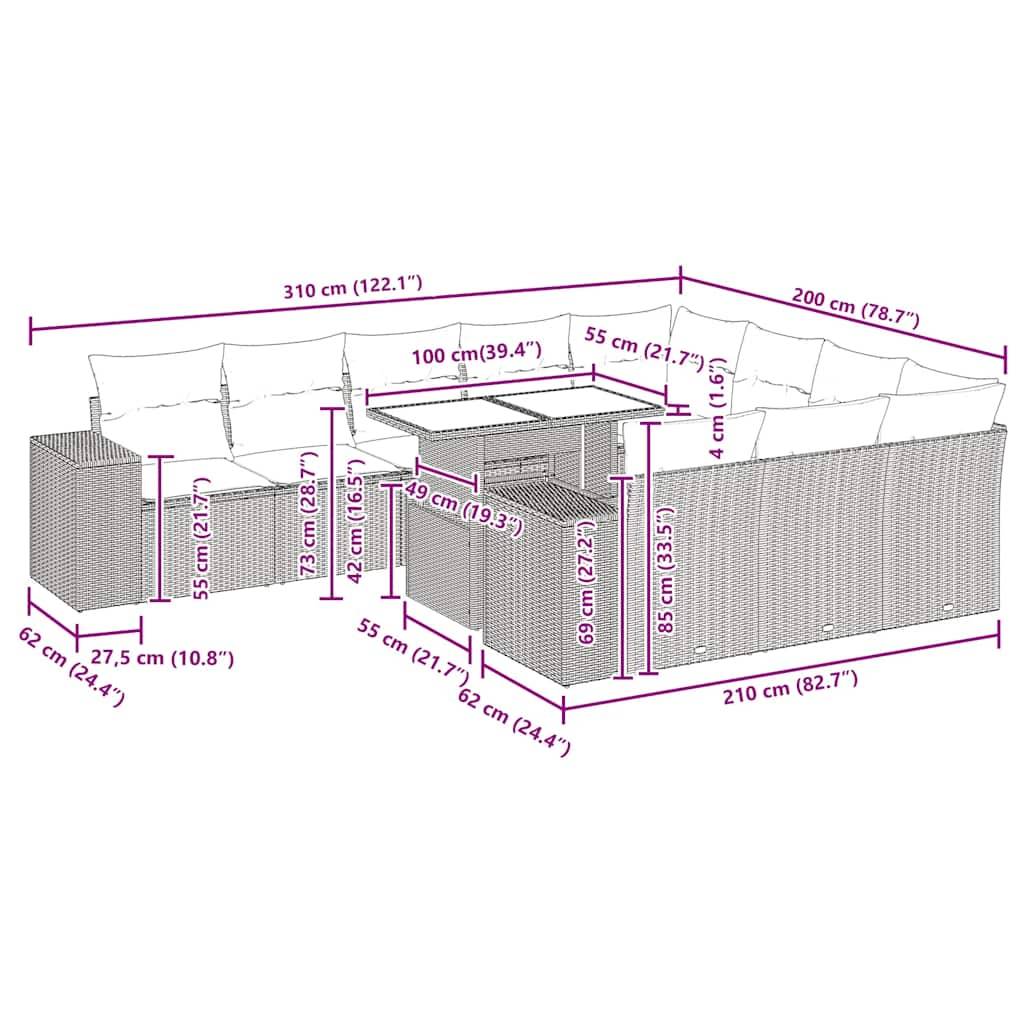 vidaXL 11-tlg. Garten-Sofagarnitur mit Kissen Grau Poly Rattan