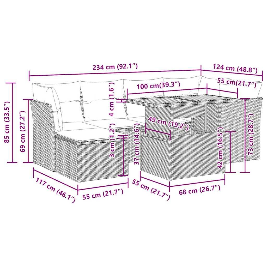 vidaXL 7-tlg. Garten-Sofagarnitur mit Kissen Schwarz Poly Rattan